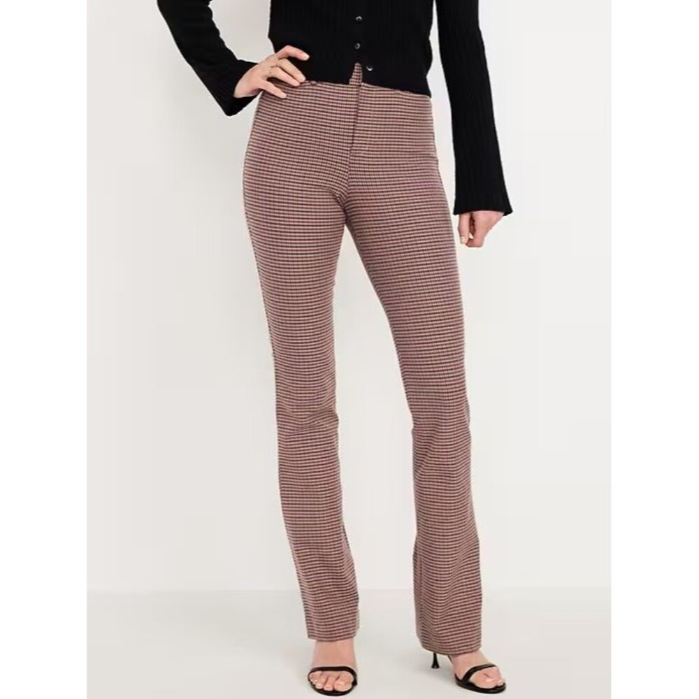 Old Navy High Rise Pixie Flare Dress Pants Womens 4 Brown Check Stretch NEW